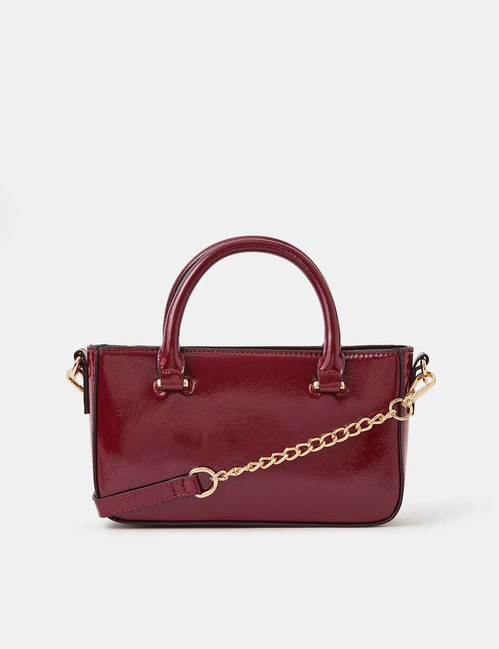 ACCESSORIZE Patent Finish Chain Strap Top Handle Cross Body Bag Burgundy