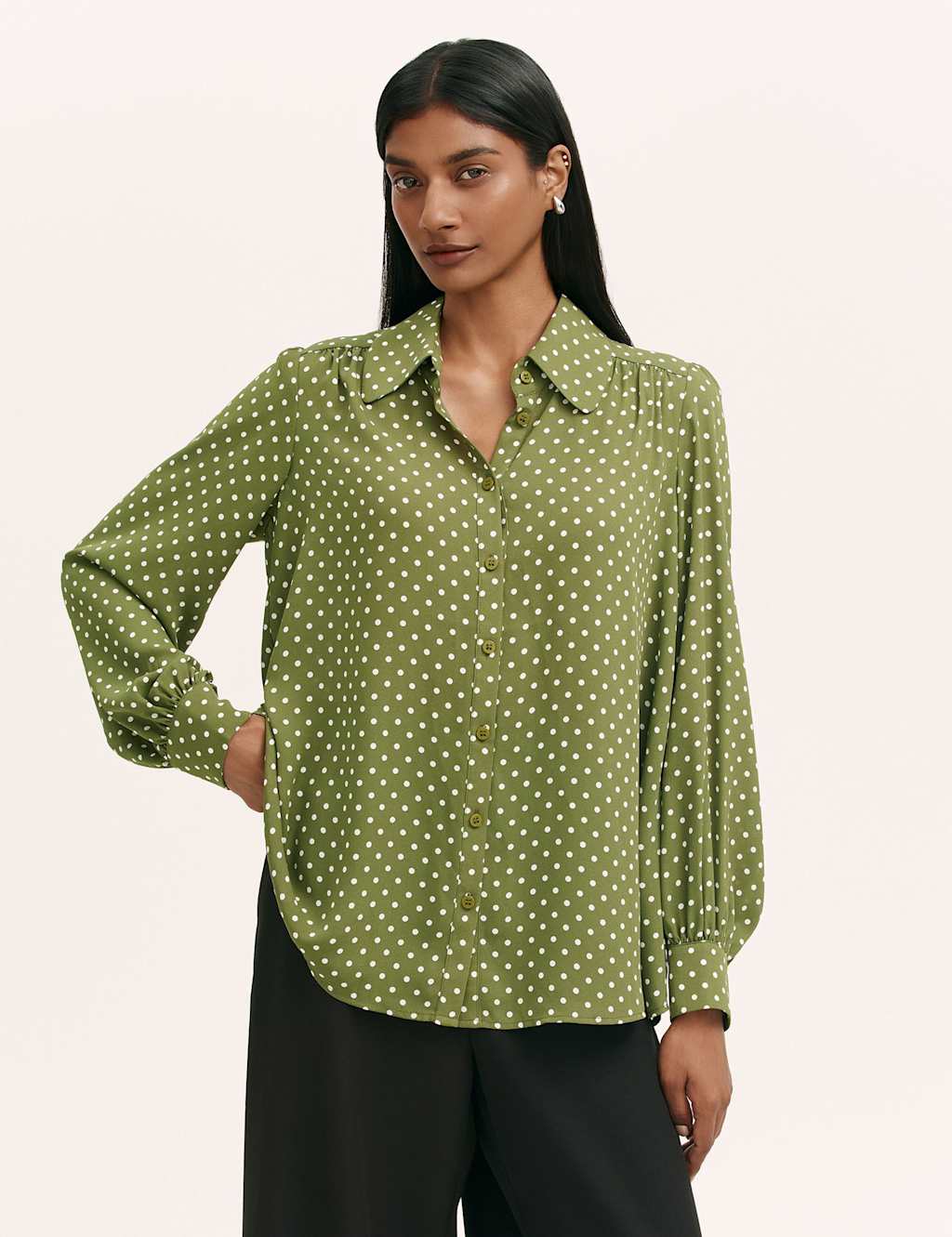 Finery London Women's Polka Dot Collared Blouson Sleeve Blouse - 10 - Green Mix - Available at M&S