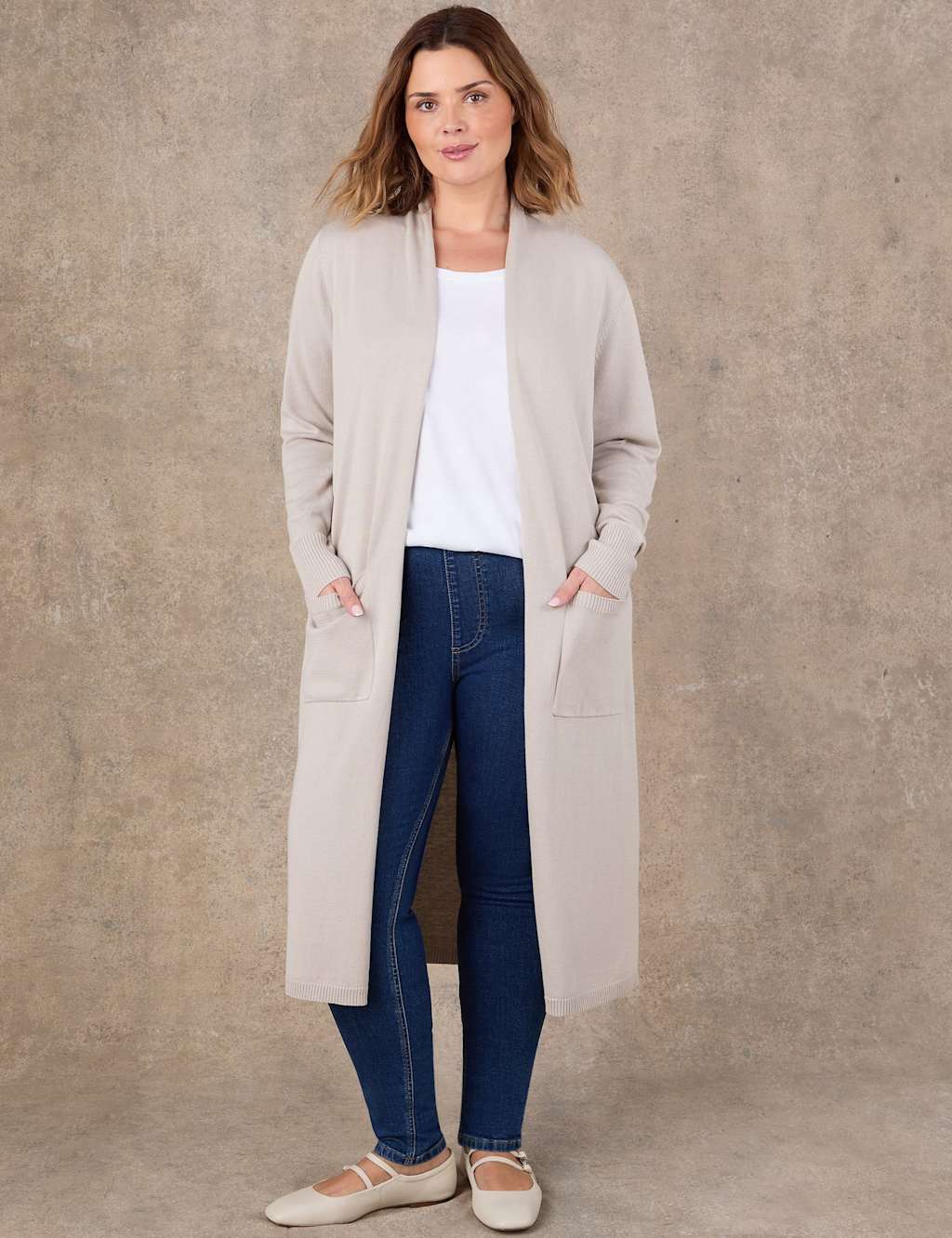 Live Unlimited London Women's Cotton Rich Knitted Longline Cardigan - 22 - Oatmeal - Available at M&S