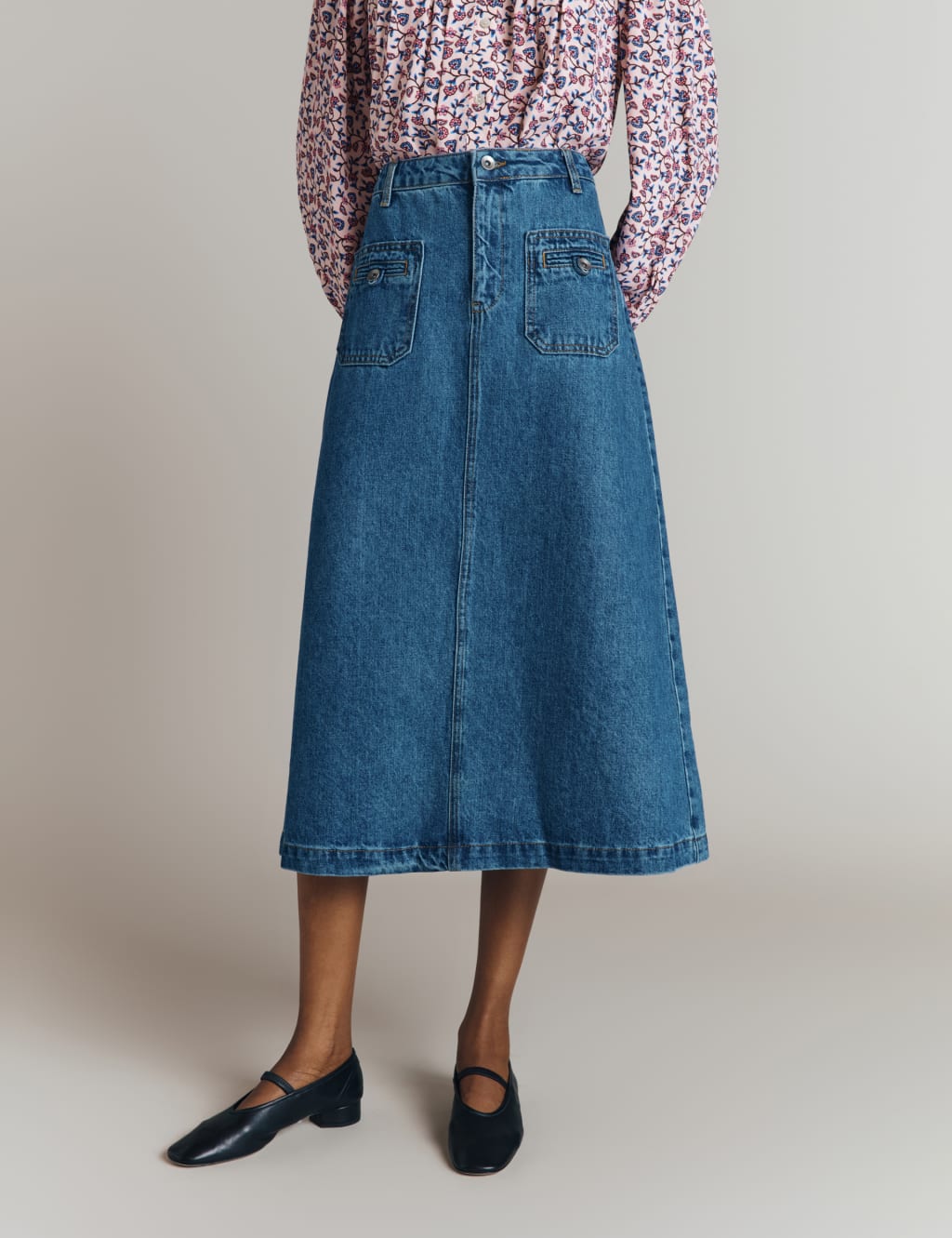 Ghost Women's Denim Midi A-Line Skirt - XS - Blue Denim, Blue Denim