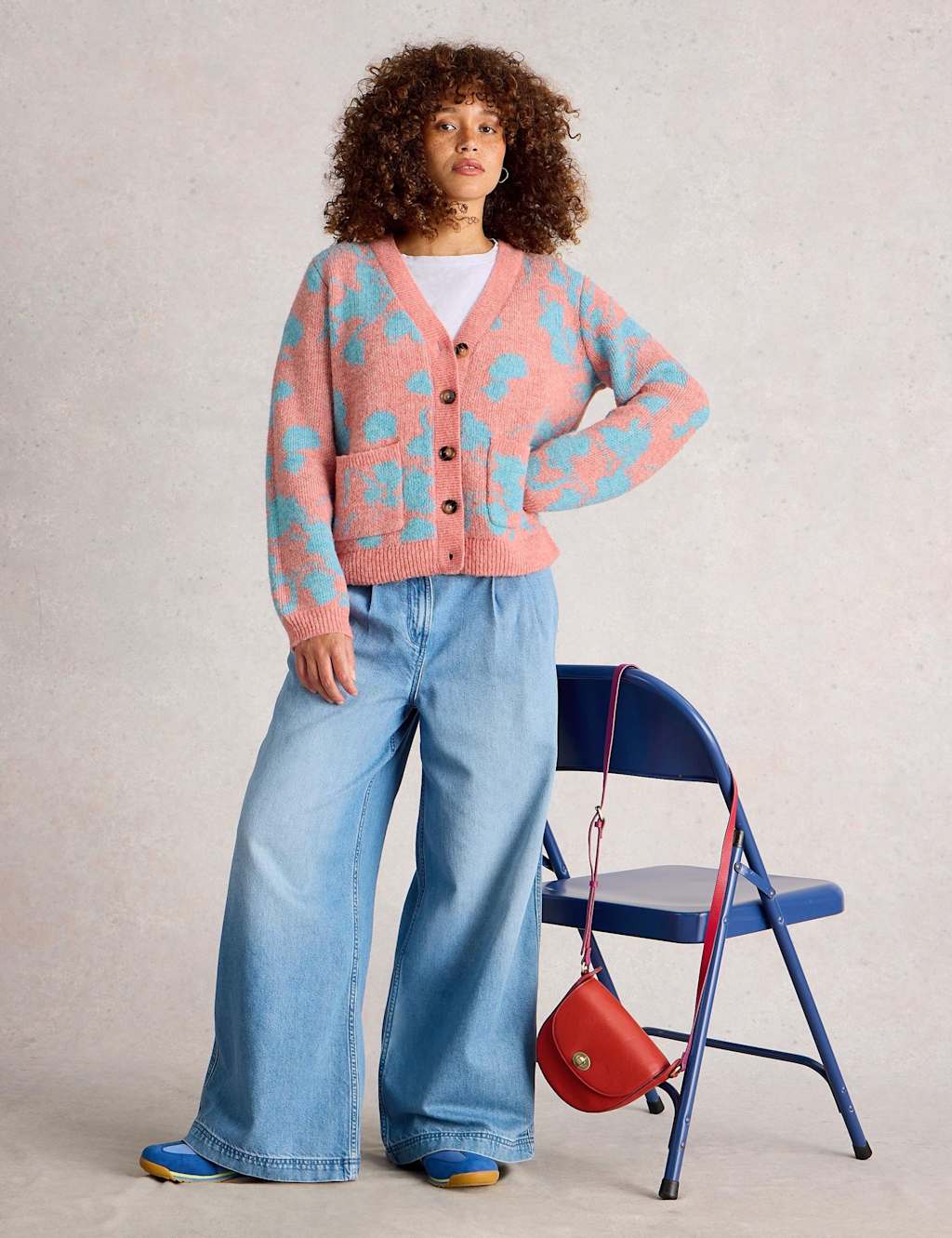 White Stuff Floral Button Front Cardigan with Wool Red Mix