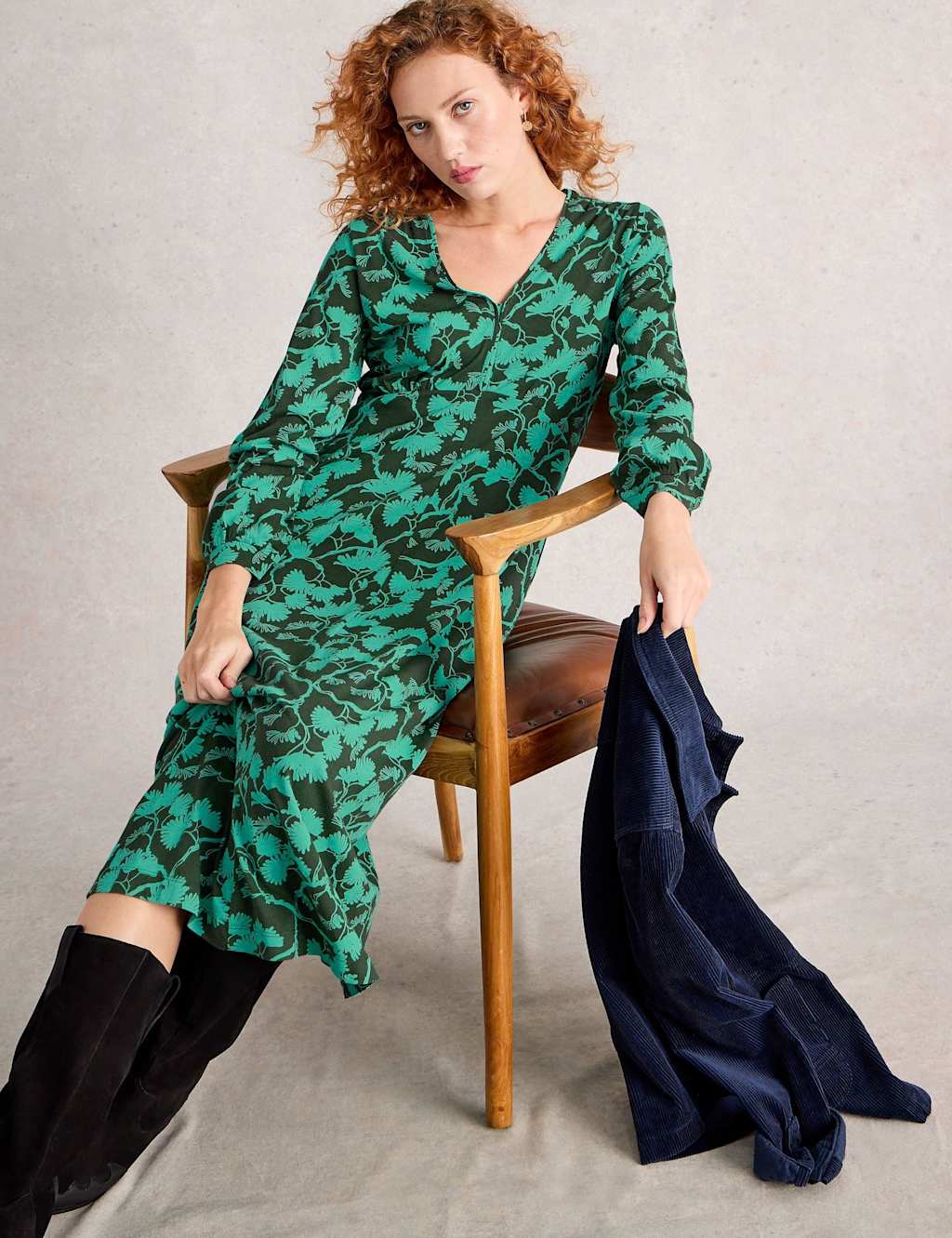 White Stuff Jersey Printed V-Neck Midi Dress Green Mix