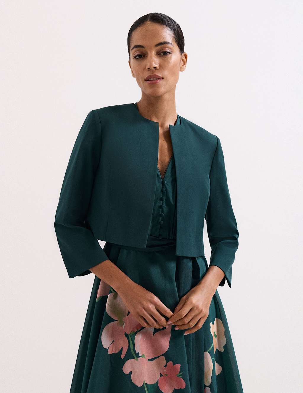 Phase Eight Women's Cotton Rich Open Front Cropped Jacket - 10 - Teal - Available at M&S