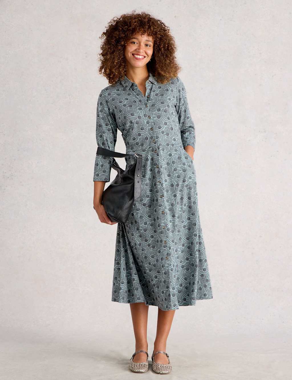 White Stuff Jersey Printed Midi Shirt Dress Blue Mix