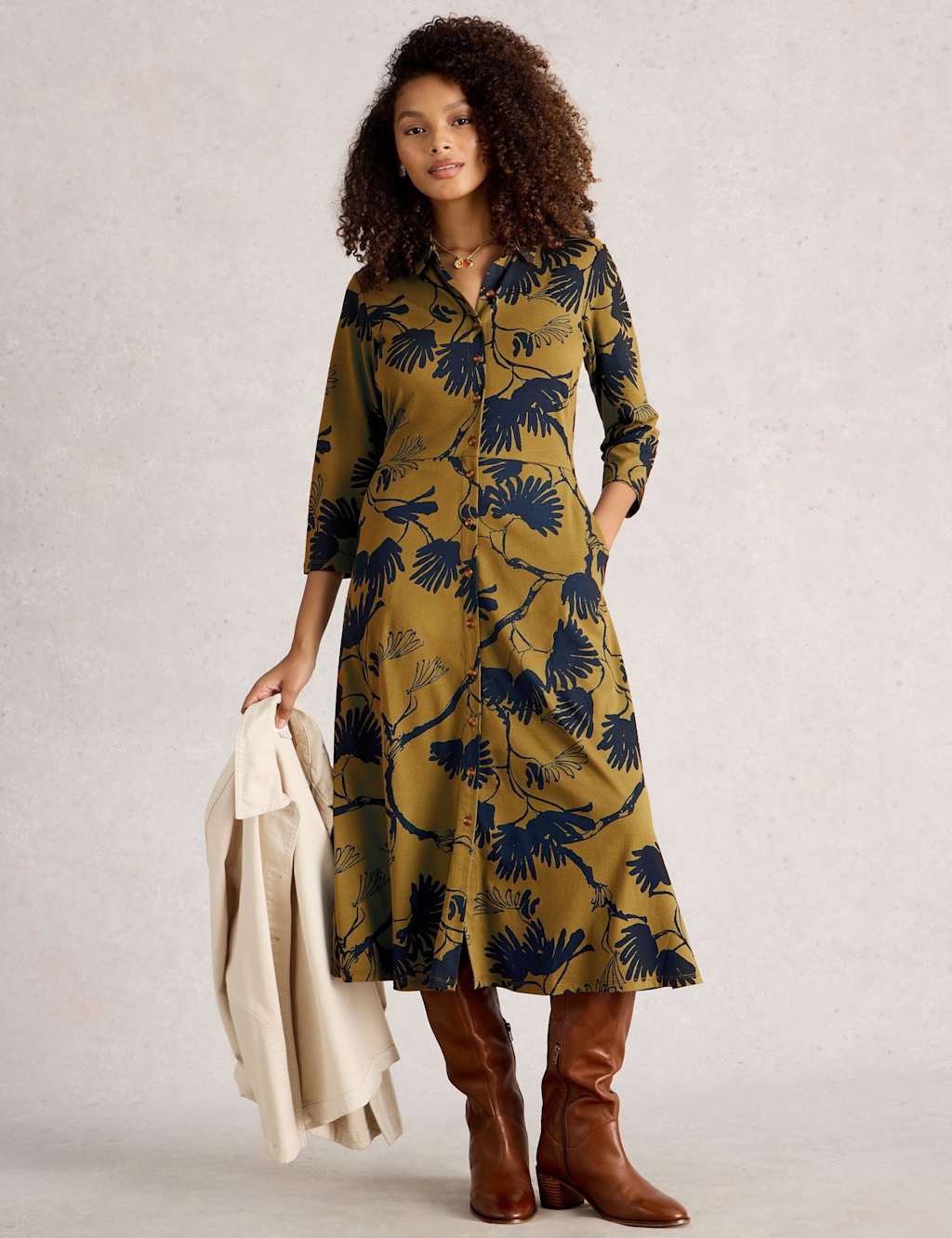White Stuff Jersey Printed Midi Shirt Dress Green Mix