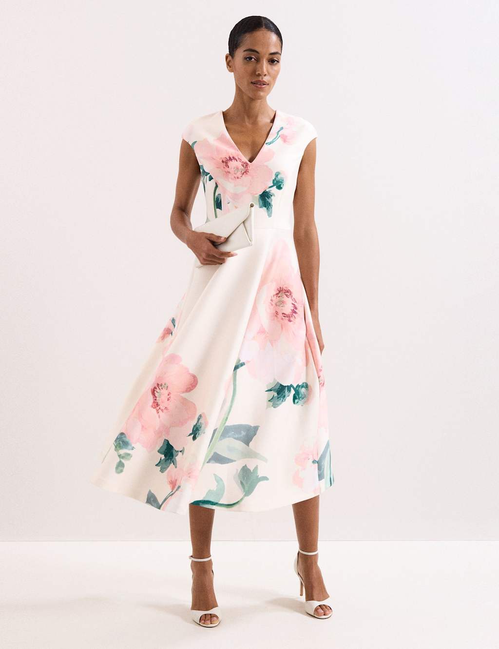 Phase Eight Women's Floral V-Neck Scuba Midi Skater Dress - 10 - Light Pink - Available at M&S