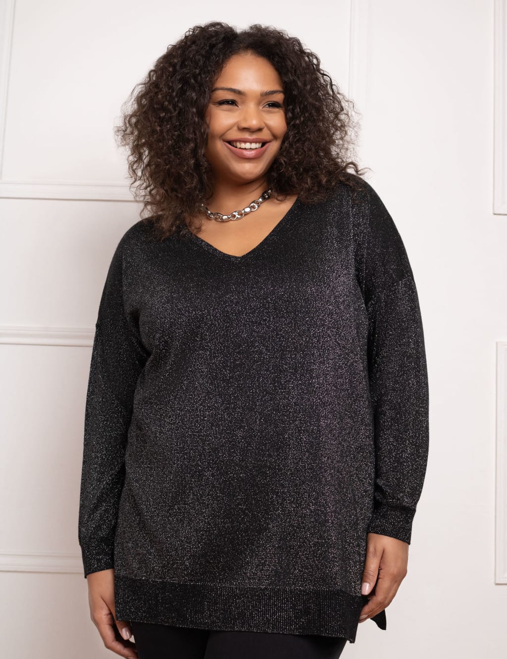 Textured Metallic V-Neck Jumper