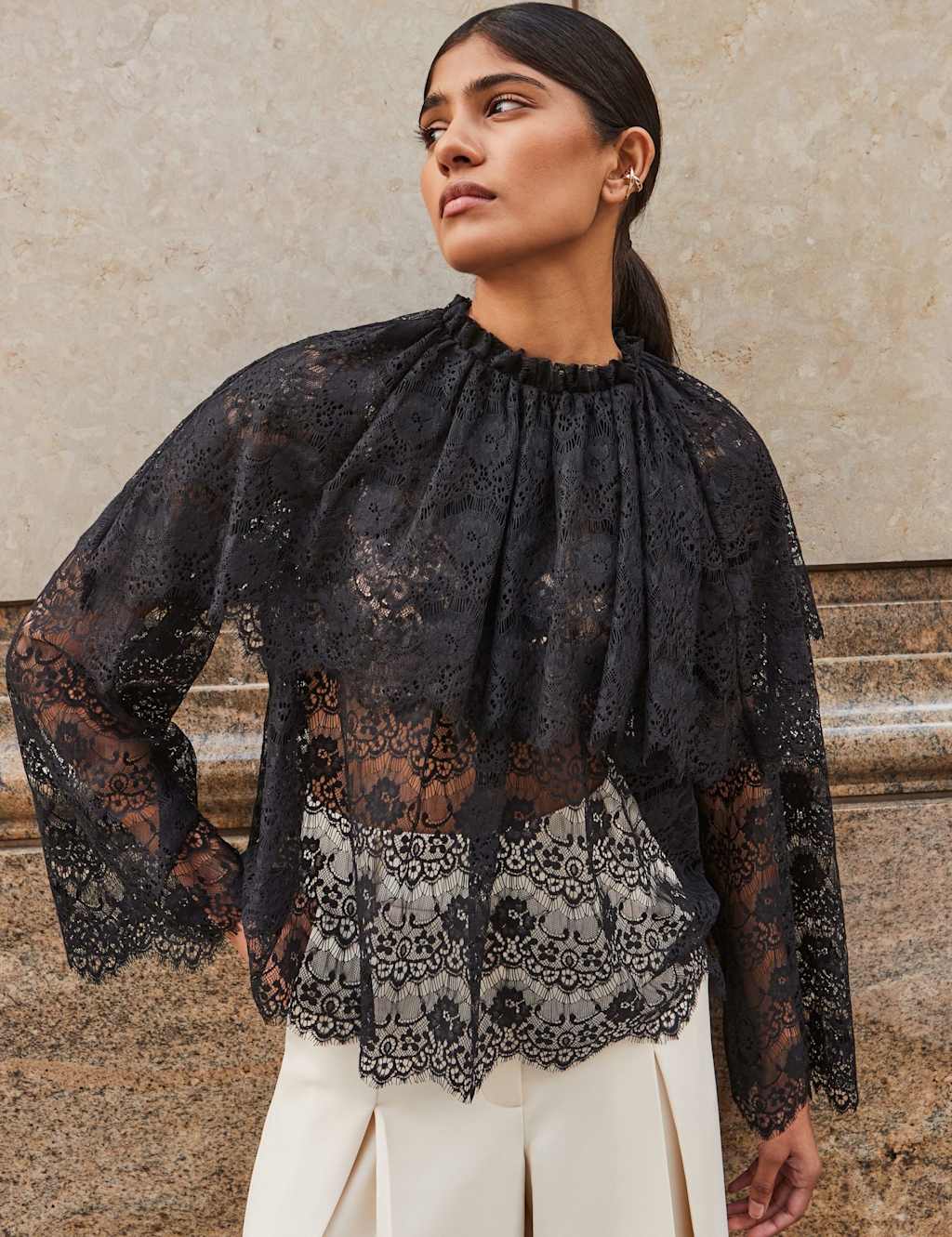 RO&ZO Cotton Blend Lace Overlay High Neck Blouse Black Mix