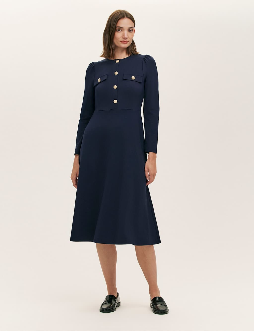 Finery London Women's Ponte Jersey Button Through Midi Skater Dress - 14 - Navy - Available at M&S