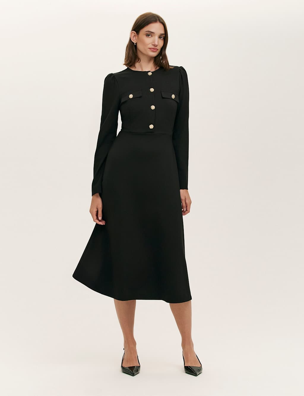 Finery London Women's Ponte Jersey Button Through Midi Skater Dress - 16 - Black - Available at M&S