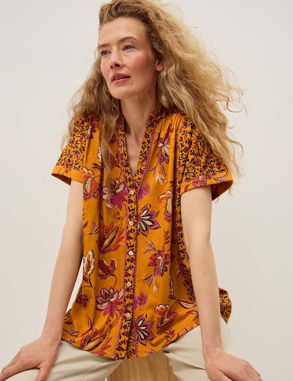 Monsoon Women's Pure Cotton Floral Collarless V-Neck Shirt - Extra Large - Orange Mix - Available at M&S