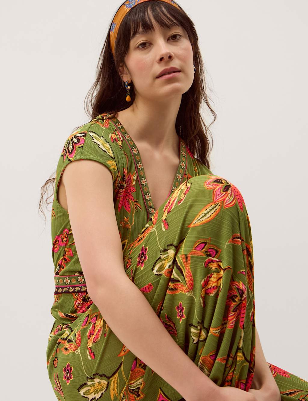 Monsoon Women's Jersey Floral Short Sleeve Wide Leg Jumpsuit - 14 - Green Mix - Available at M&S