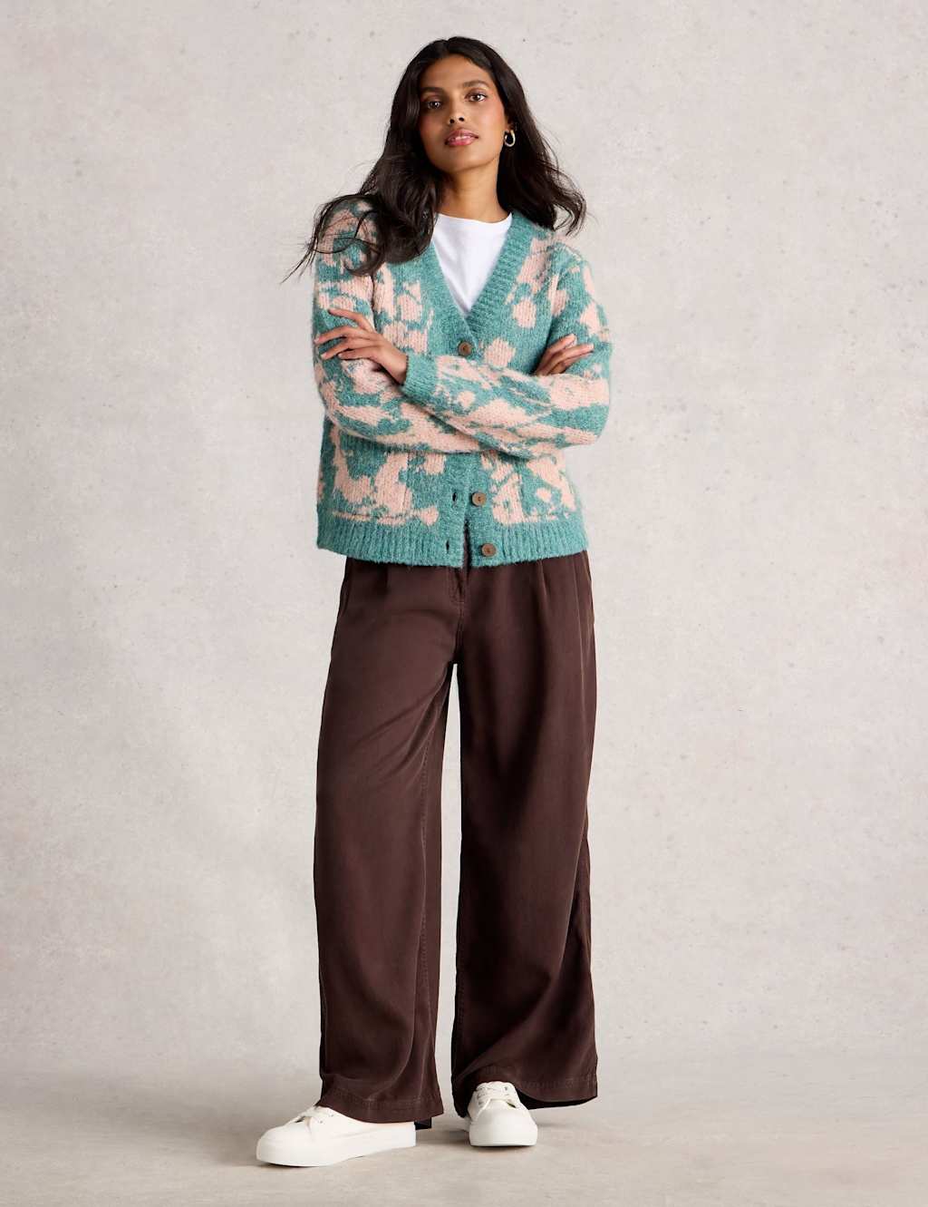 White Stuff Floral Button Front Cardigan Green Mix