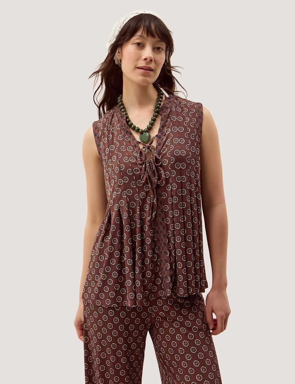 Monsoon Women's Jersey Geometric Tie Neck Top - Medium - Chocolate - Available at M&S