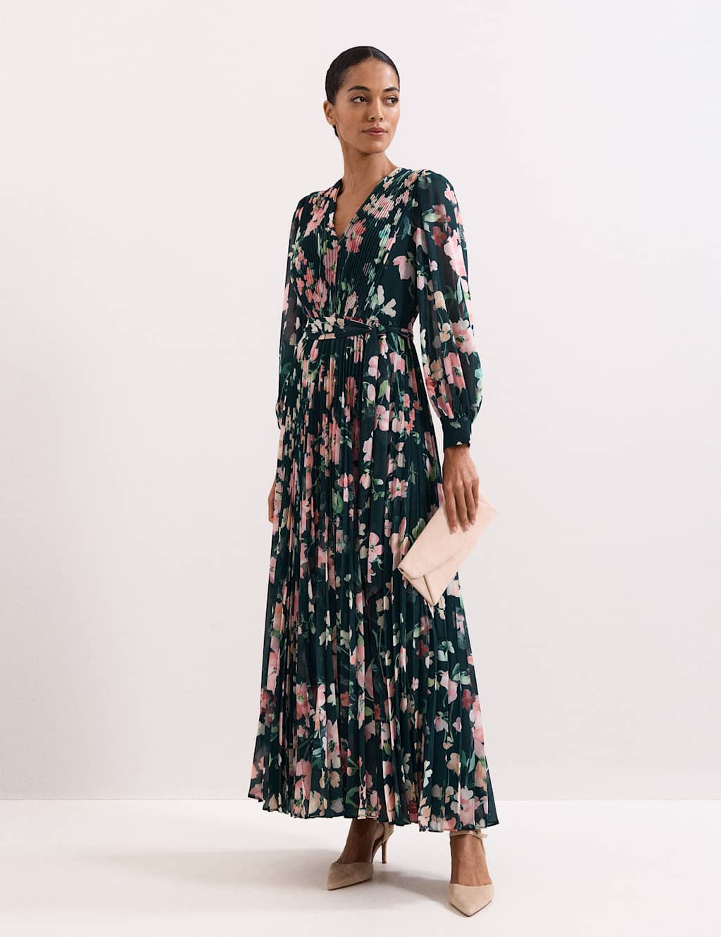 Phase Eight Women's Floral V-Neck Pleated Maxi Tea Dress - 14 - Teal Mix - Available at M&S