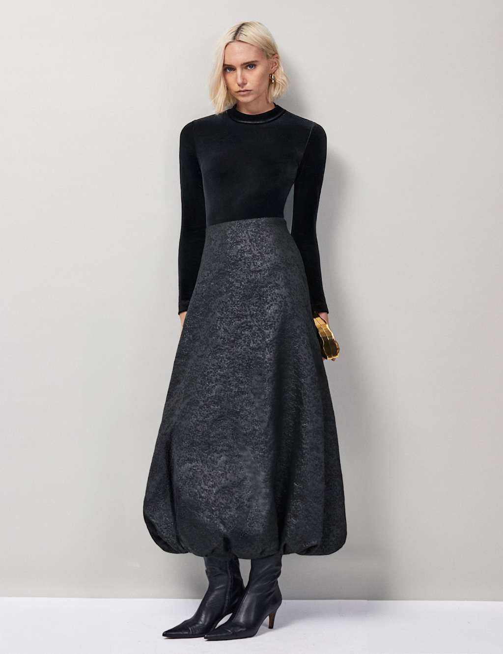 RO&ZO Jacquard Bubble Hem Midaxi A-Line Skirt Black Mix