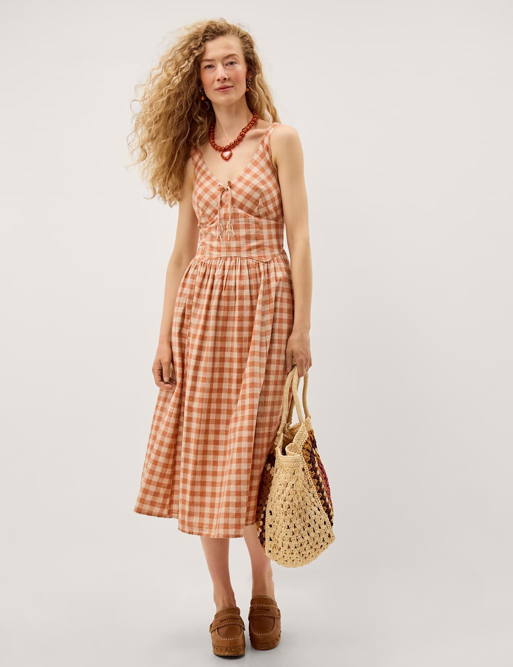 Monsoon Women's Pure Cotton Gingham V-Neck Midi Dress - 22 - Coral - Available at M&S