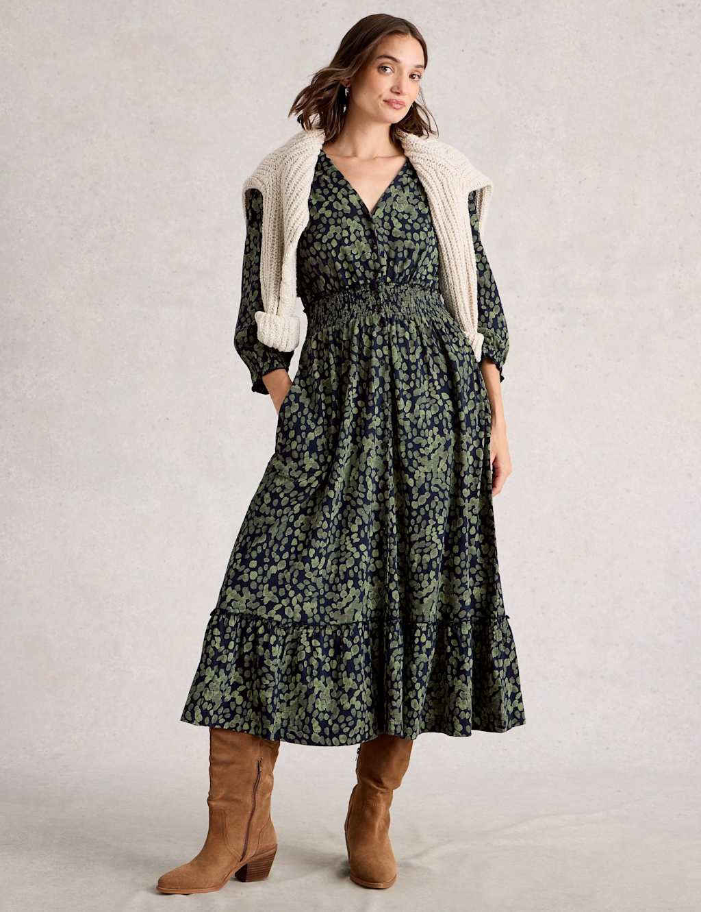 White Stuff Women's Pure Cotton Shirred Midaxi Tiered Dress - 14REG - Green Mix, Green Mix