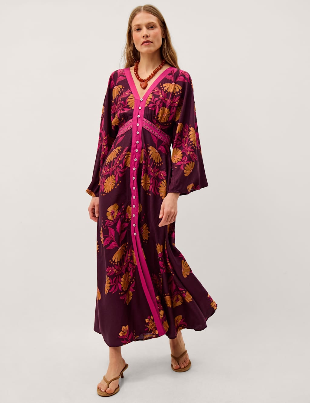 Monsoon Women's Koa Long Sleeve Floral Midi Dress - 12 - Berry - Available at M&S
