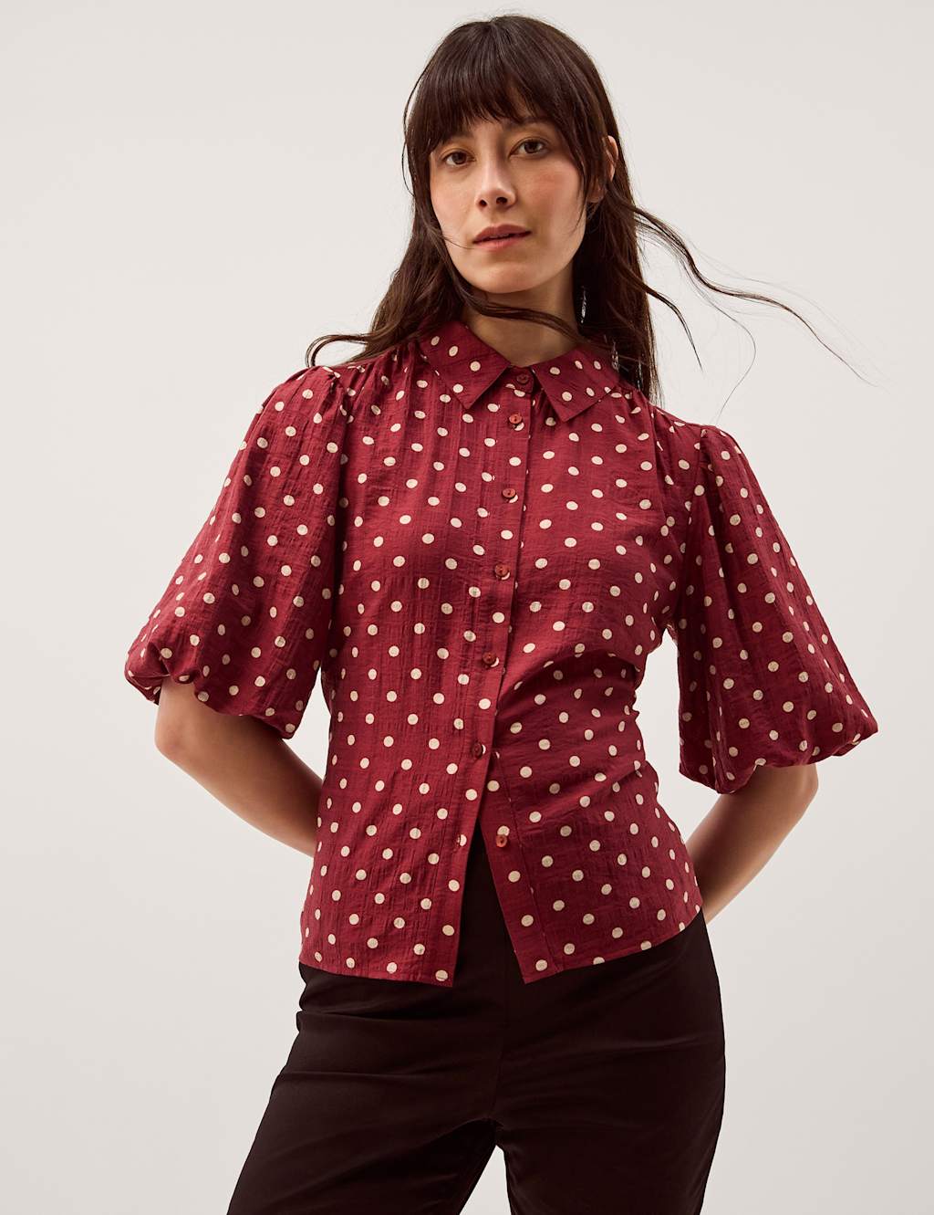 Monsoon Women's Polka Dot Collared Puff Sleeve Shirt - Small - Berry - Available at M&S