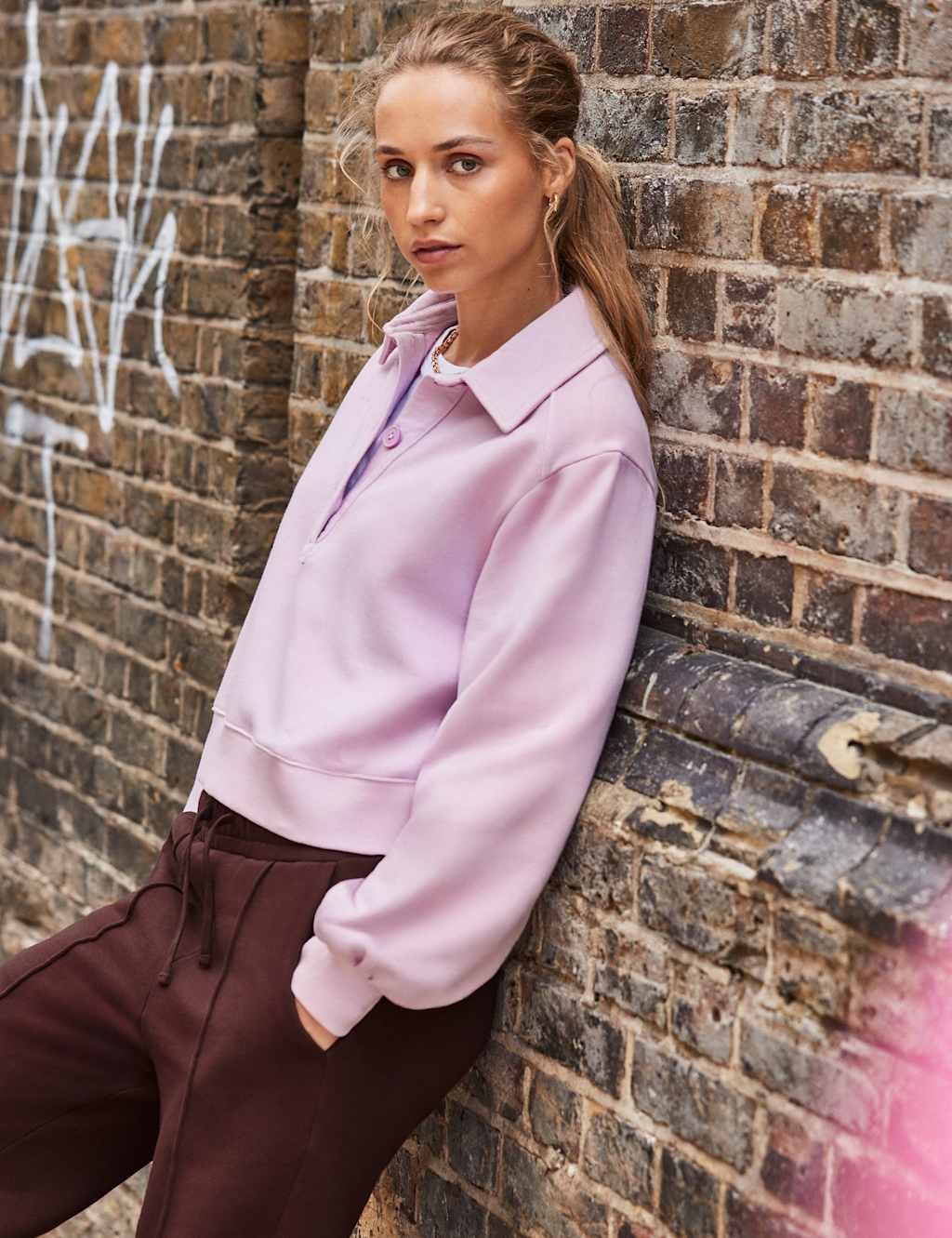 RO&ZO Pure Cotton Collared Button Front Sweatshirt Lilac