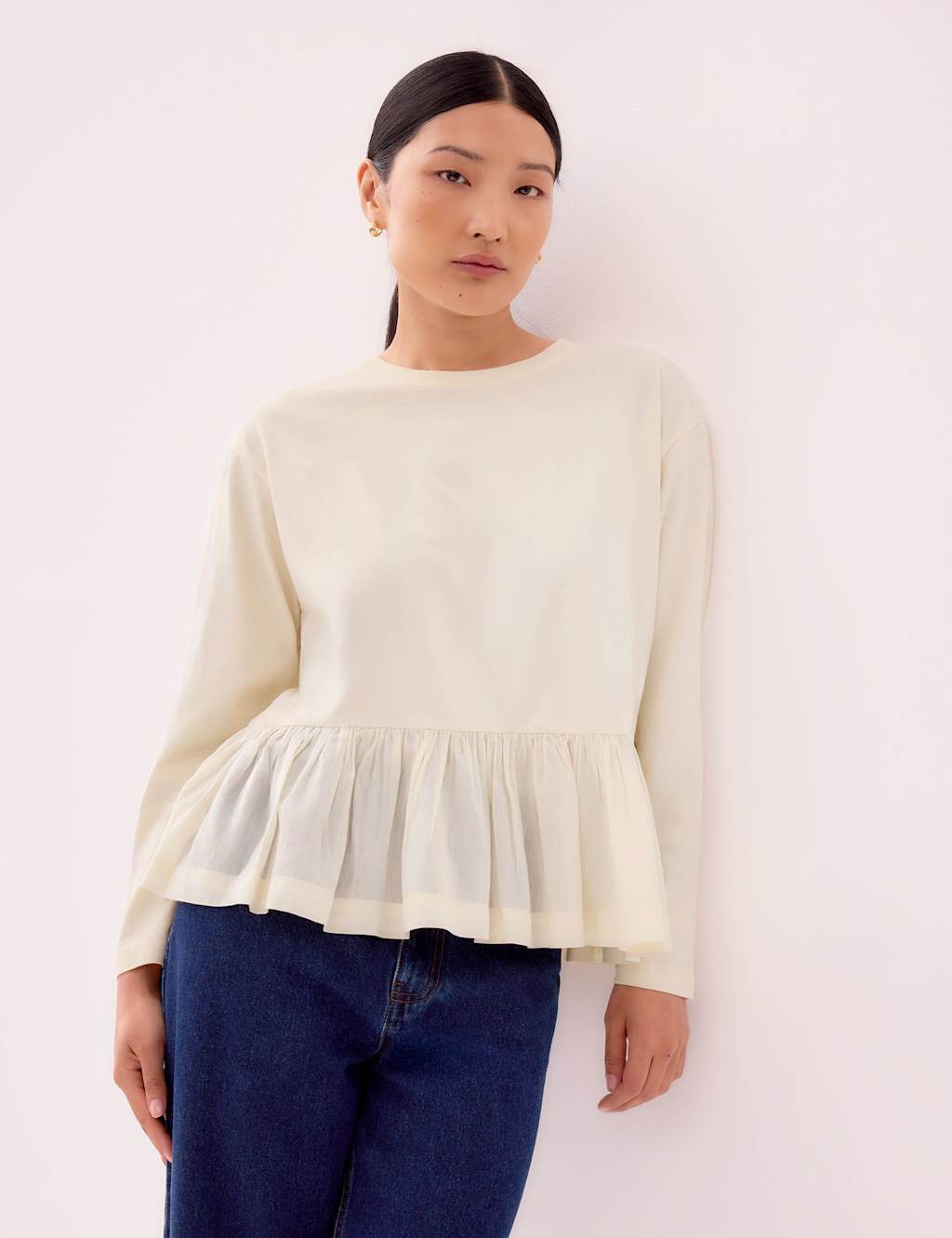 RO&ZO Pure Cotton Relaxed Peplum Top Cream