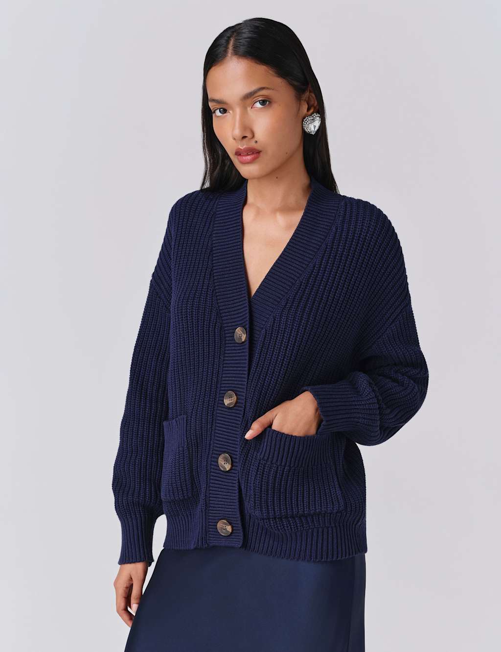 Ghost Pure Cotton Ribbed V-Neck Cardigan Navy
