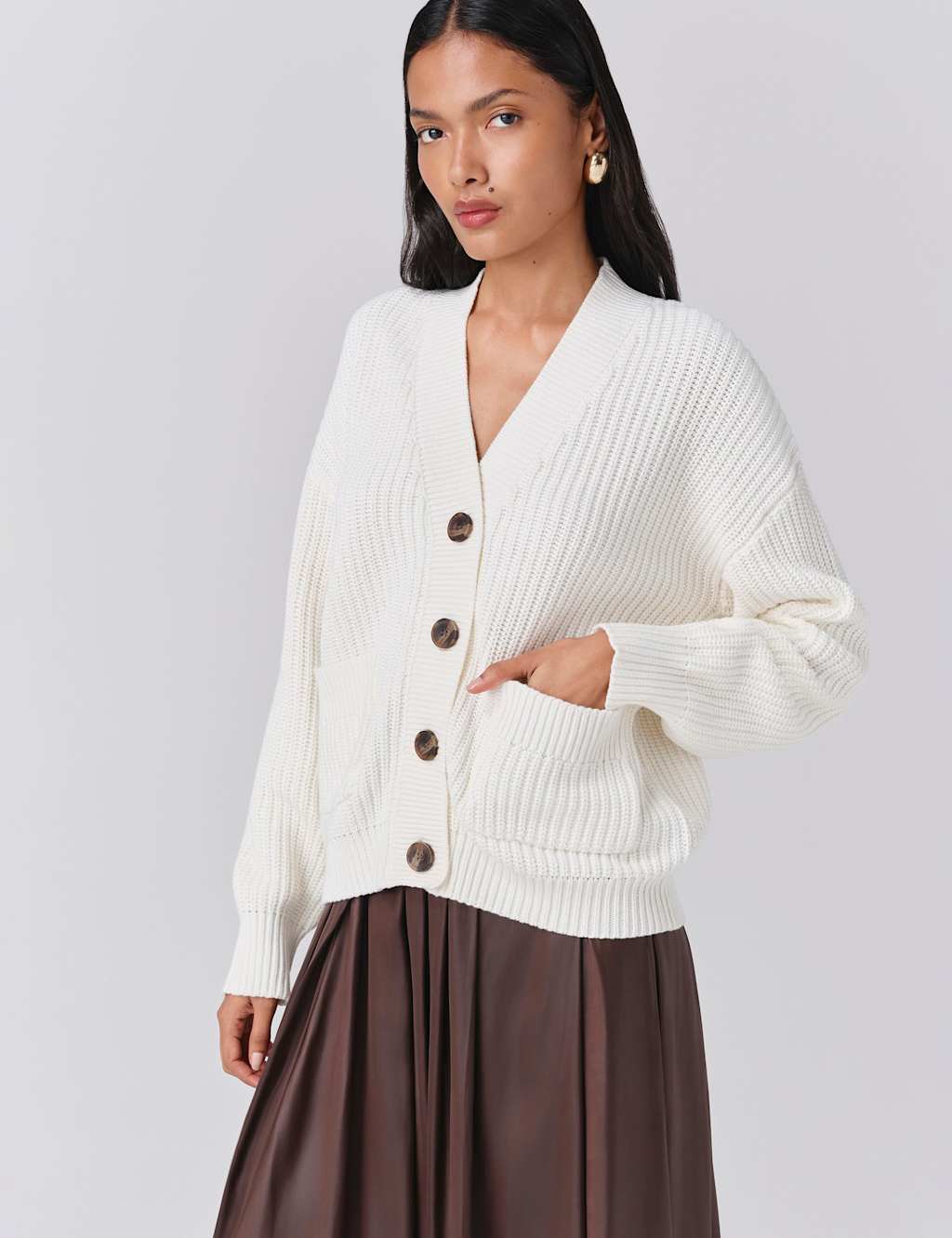 Ghost Pure Cotton Ribbed V-Neck Cardigan Ivory