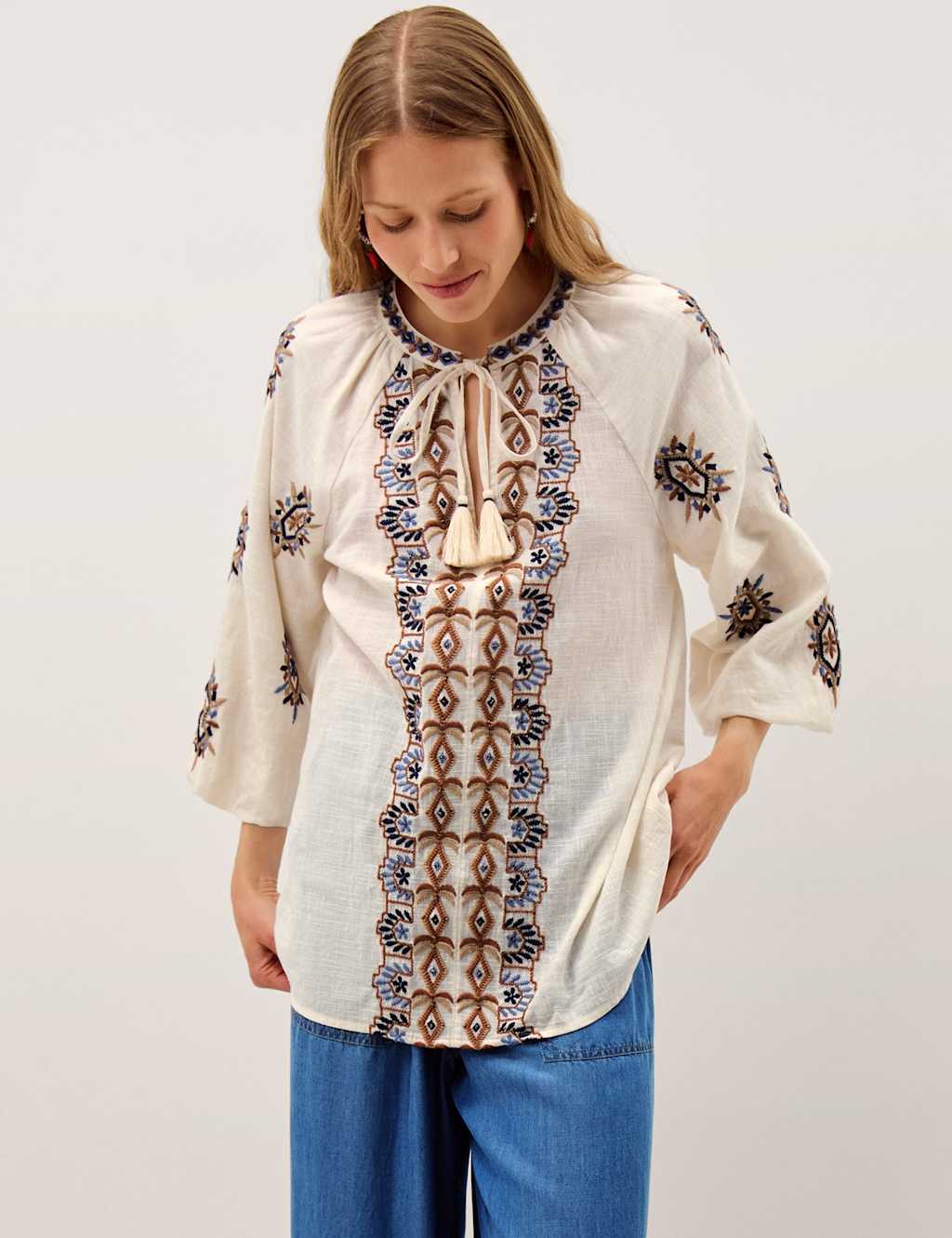 Monsoon Women's Pure Cotton Embroidered Tie Neck Tunic Top - Medium - Ivory - Available at M&S