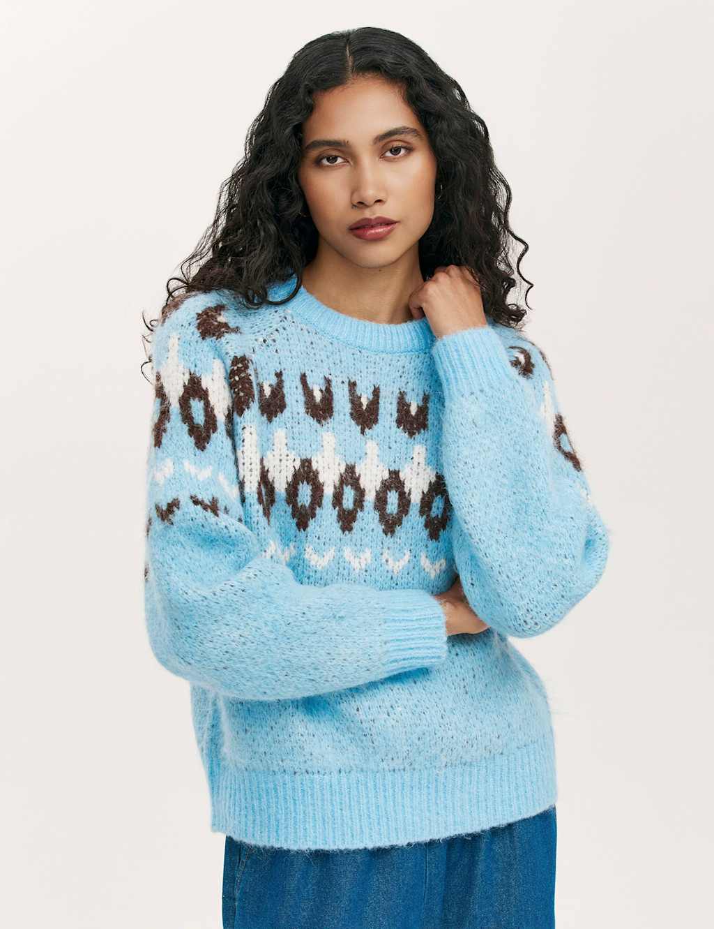 Finery London Fair Isle Crew Neck Jumper with Wool Blue Mix