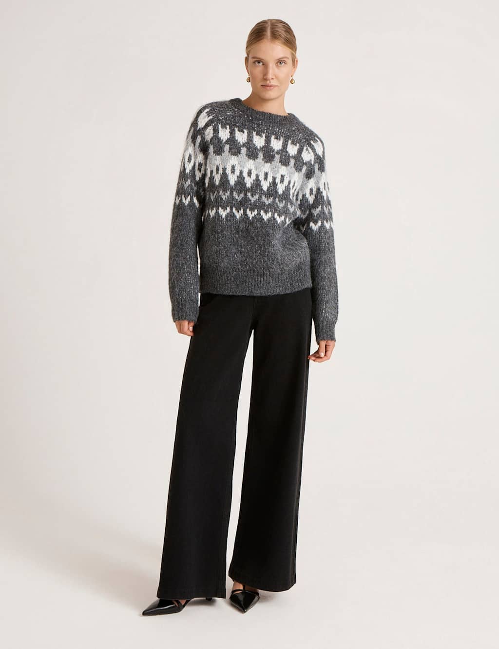 Finery London Fair Isle Crew Neck Jumper with Wool Grey Mix