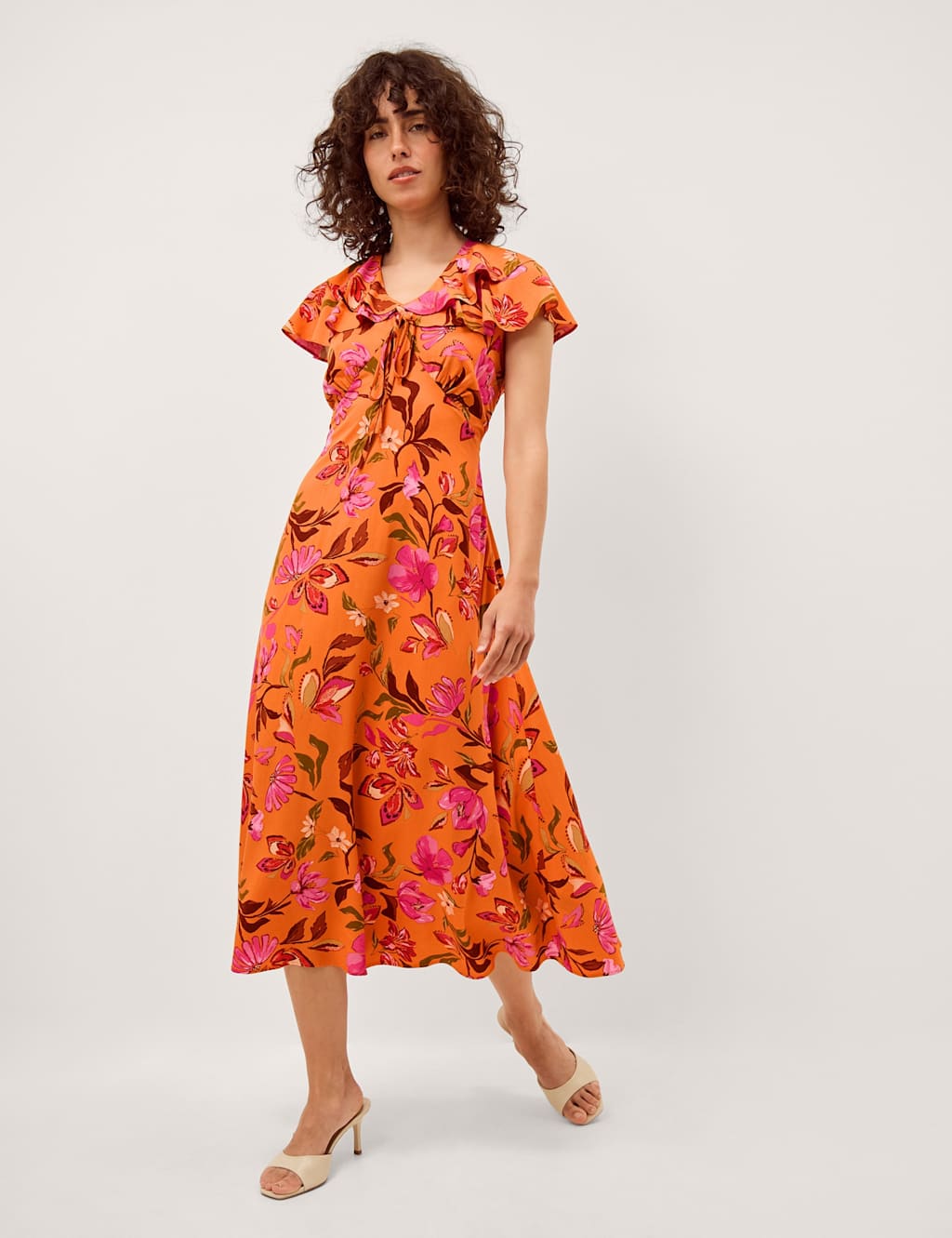 Monsoon Women's Floral V-Neck Midi Skater Dress - 14 - Orange Mix - Available at M&S