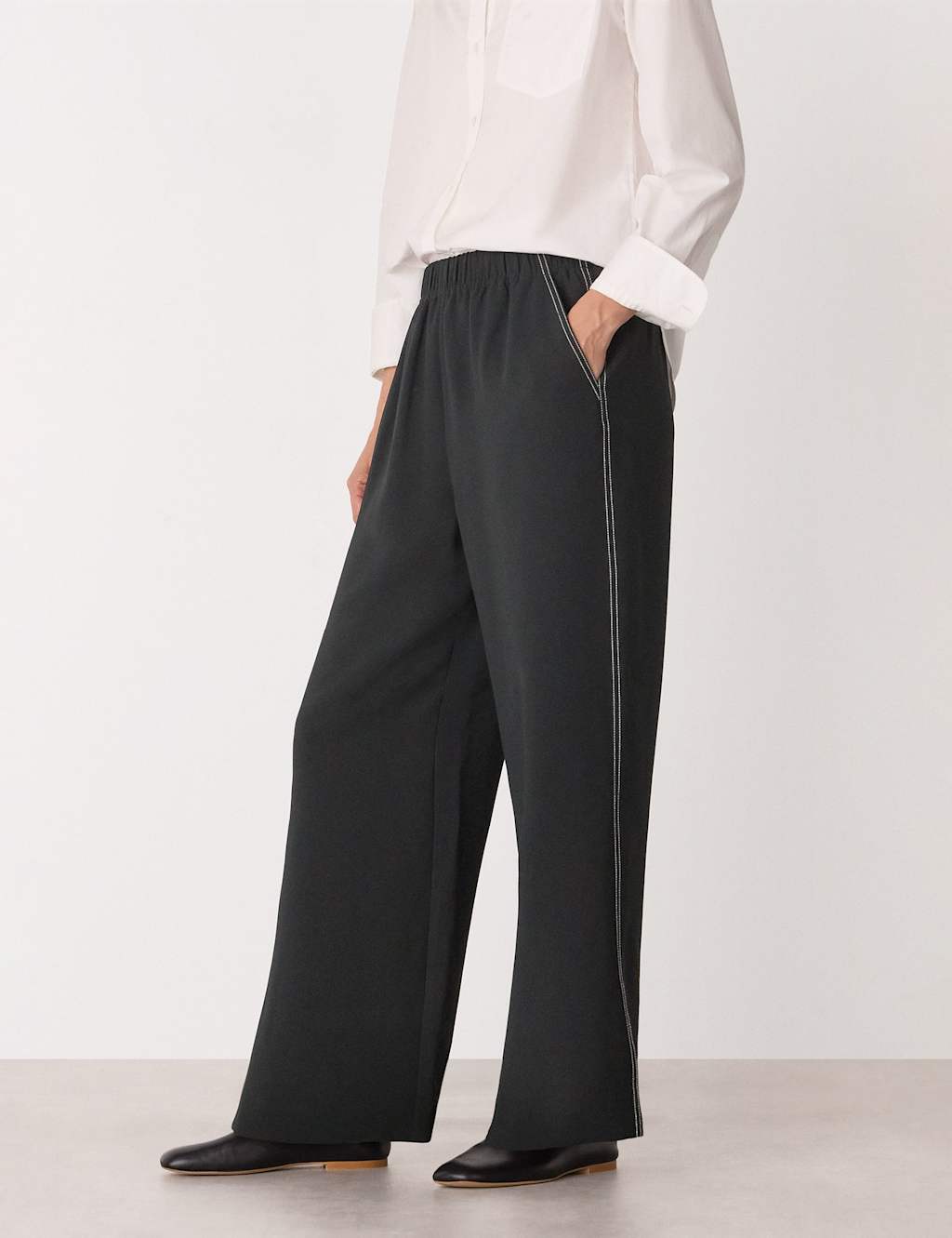 Whistles Crepe Stitch Detail Wide Leg Trousers Black