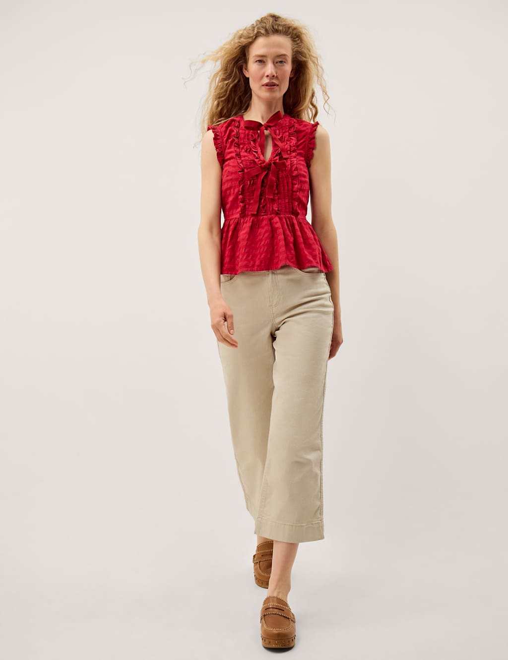 Monsoon Women's Pure Cotton Gingham Tie Neck Frill Detail Top - Medium - Red - Available at M&S