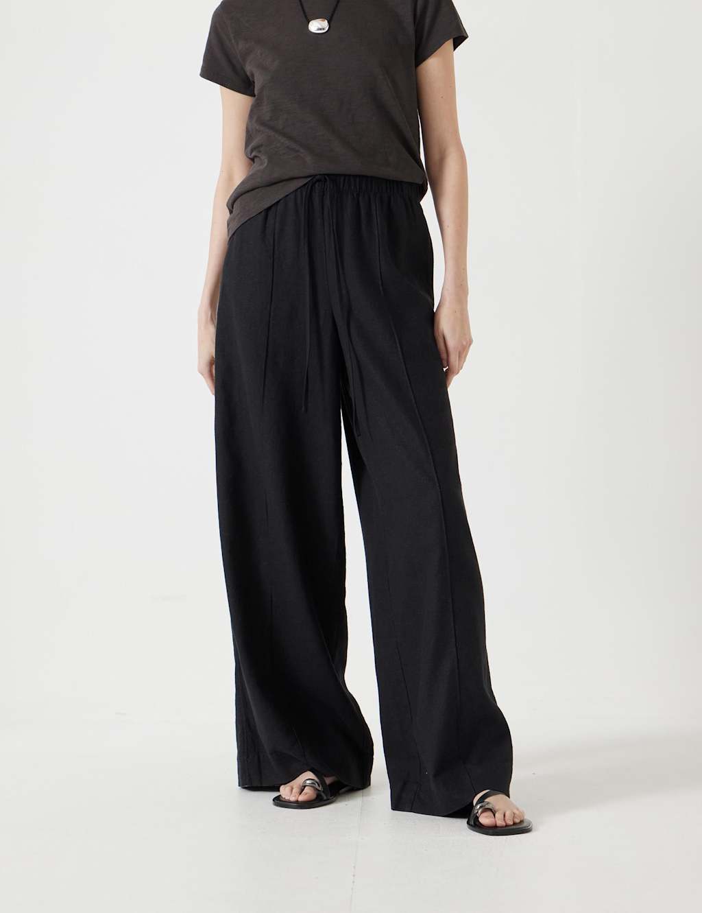 Linen Blend Wide Leg Trousers