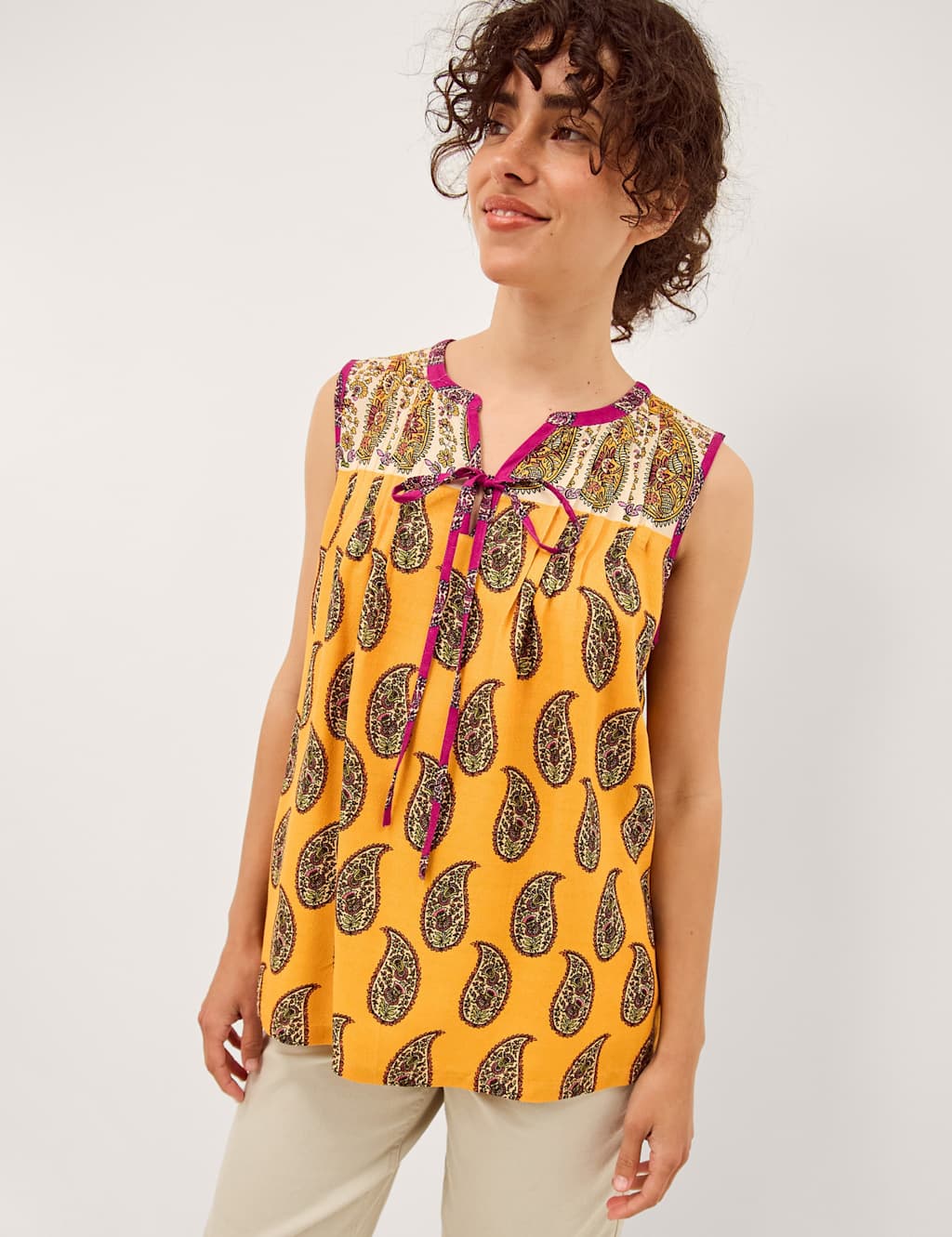 Monsoon Women's Paisley Notch Neck Tie Detail Top - Extra Large - Yellow Mix - Available at M&S