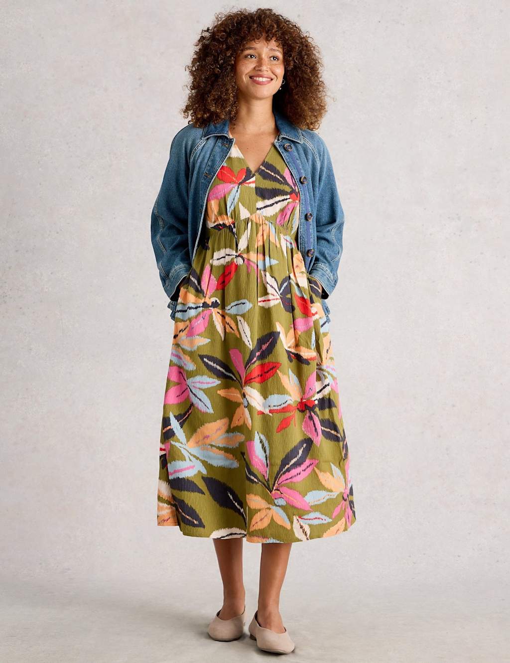White Stuff Women's Floral Empire Line Midi Relaxed Dress - 12REG - Green Mix, Green Mix