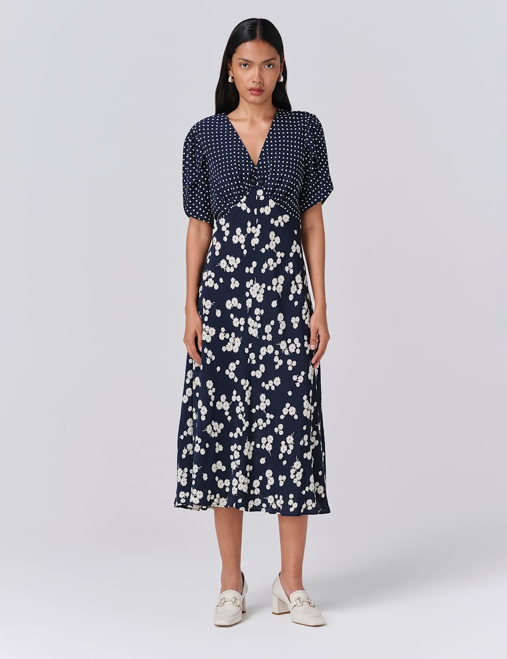Ghost Women's Printed V-Neck Midi Tea Dress - 12 - Navy Mix - Available at M&S