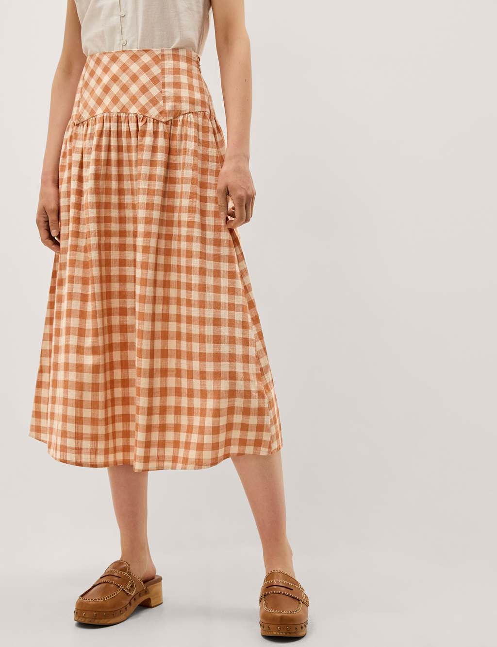 Monsoon Women's Pure Cotton Gingham Midi A-Line Skirt - 14 - Orange Mix - Available at M&S