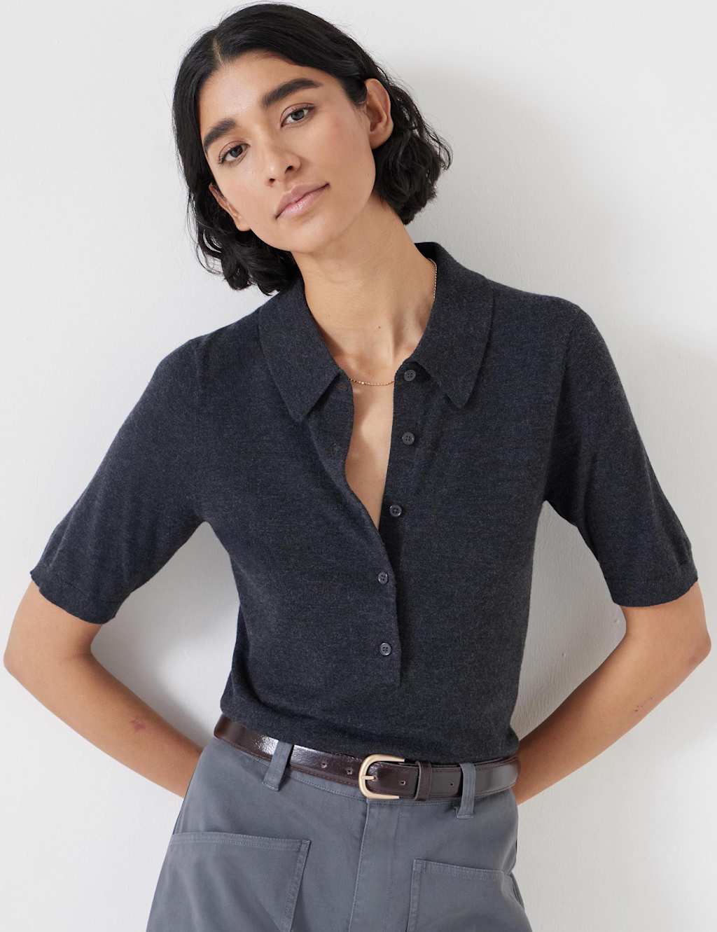 Wool Blend Collared Neck Knitted Top