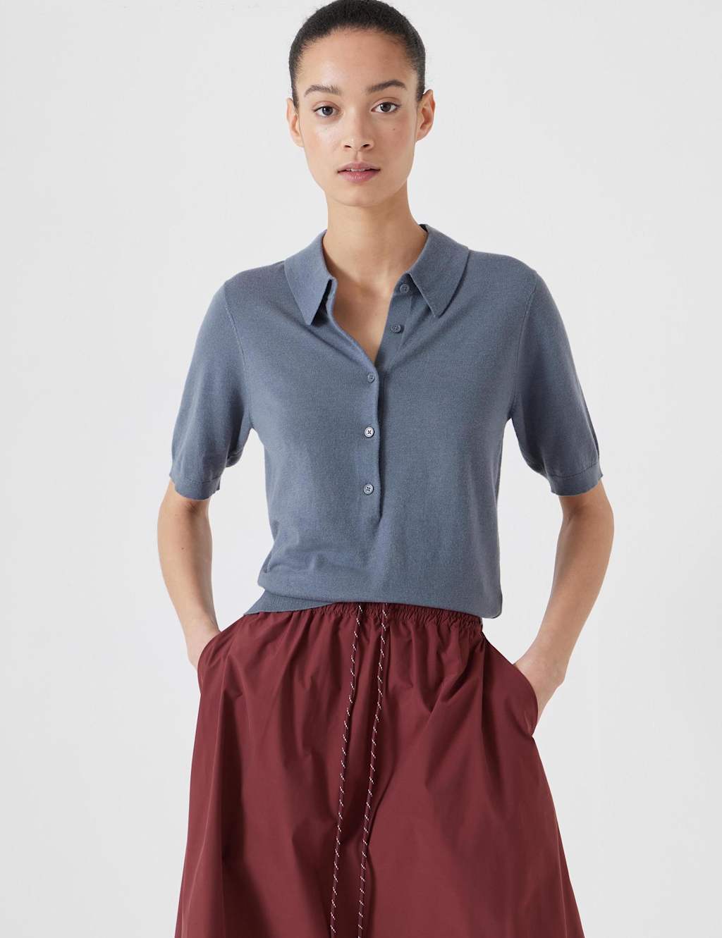 Wool Blend Collared Neck Knitted Top