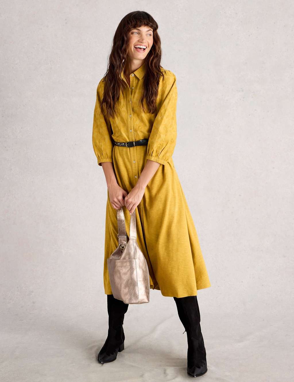 White Stuff Women's Cotton Rich Embroidered Midi Shirt Dress - 12REG - Yellow, Yellow
