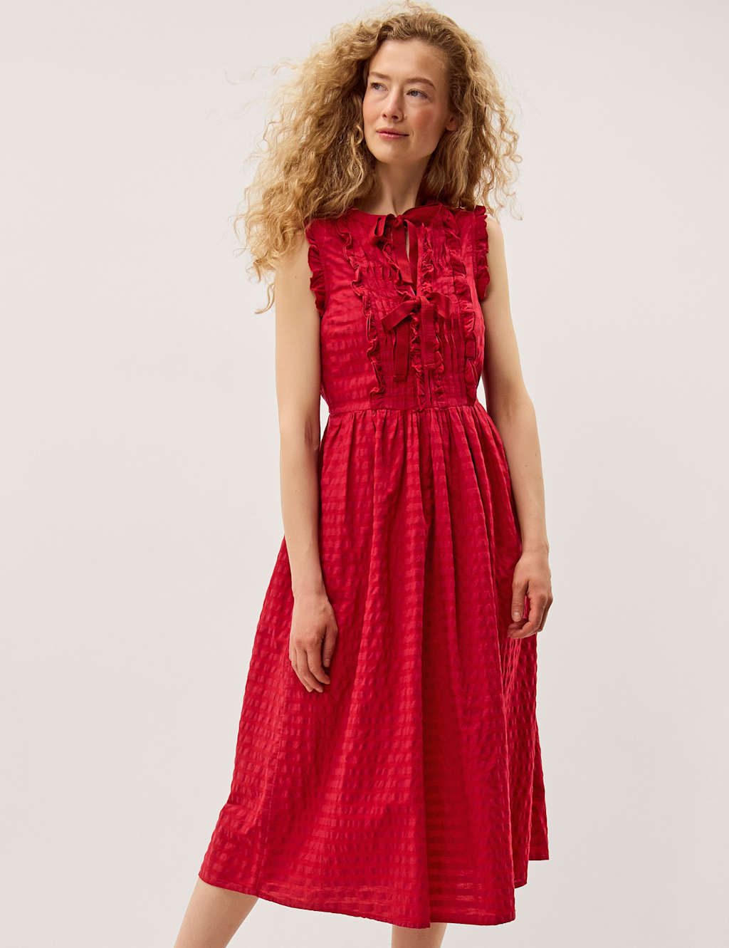 Monsoon Women's Pure Cotton Gingham Tie Neck Midi Dress - Medium - Red - Available at M&S