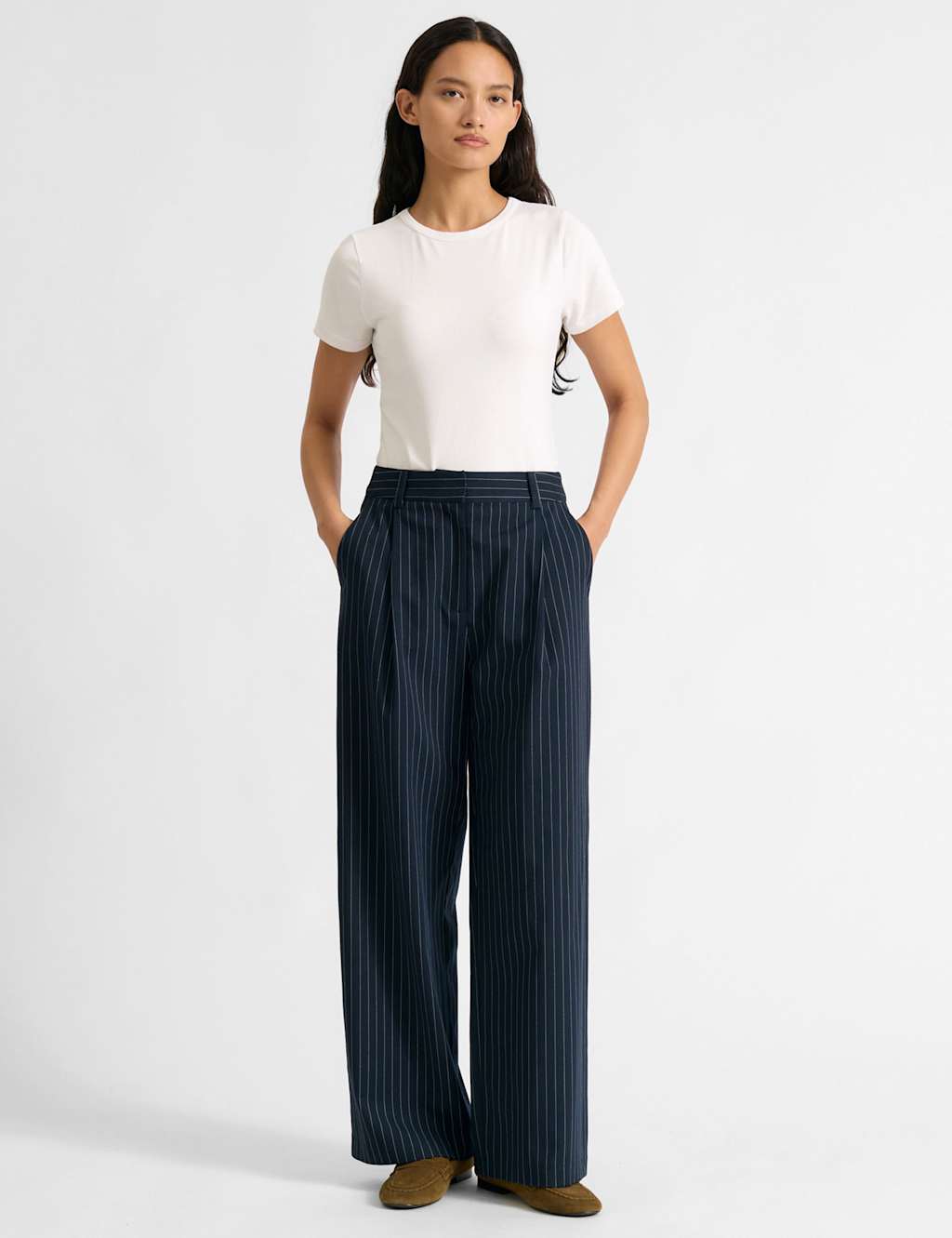 Albaray Women's Pinstripe Pleat Front Wide Leg Trousers - 12 - Navy Mix - Available at M&S