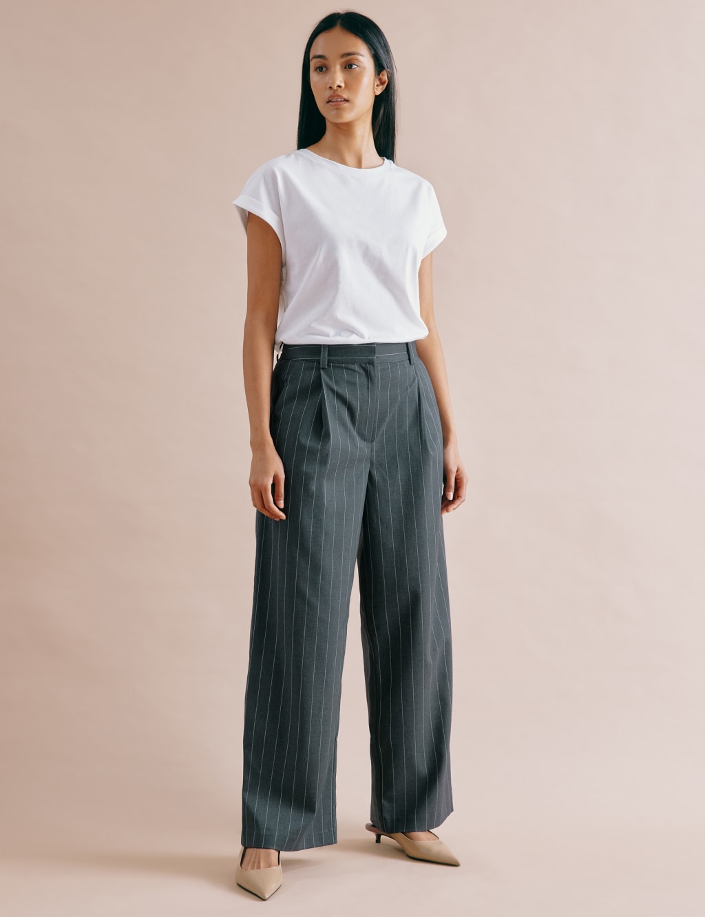 Pinstripe Pleat Front Wide Leg Trousers