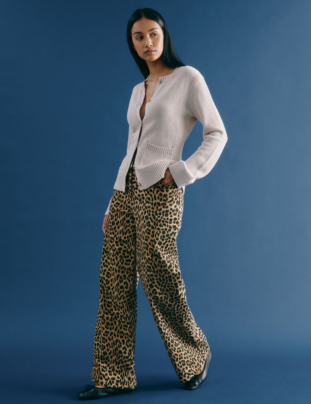Twill Animal Print Wide Leg Trousers