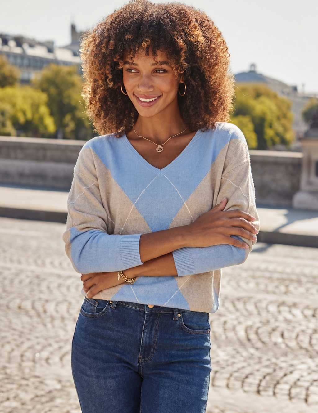 Sosandar Women's Argyle Check V-Neck Jumper - 14 - Blue Mix - Available at M&S