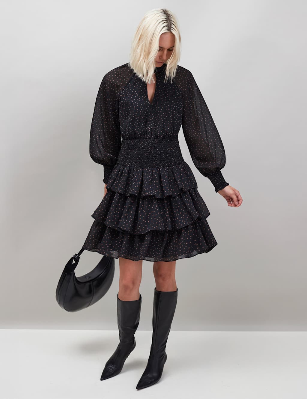 RO&ZO Polka Dot Blouson Sleeve Mini Tiered Dress Black Mix