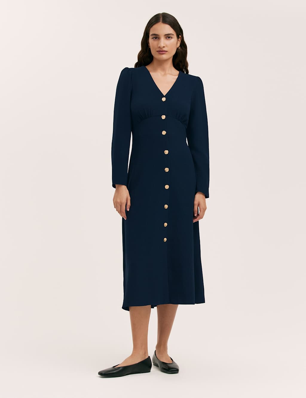 Finery London Crepe V-Neck Midi Waisted Dress Navy