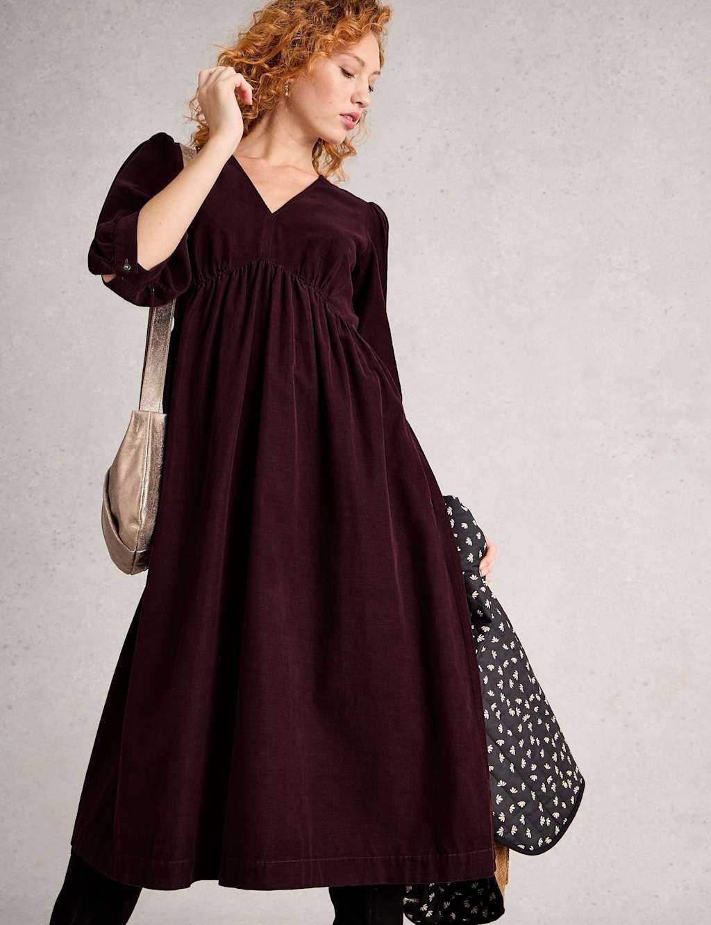 White Stuff Cord V-Neck Midi Waisted Dress Purple